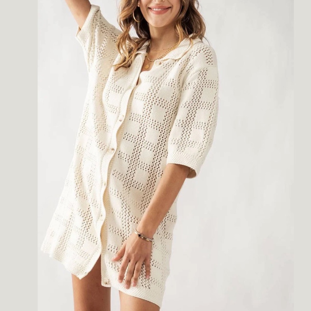 Checkered Crochet Sweater Mini Dress Size L